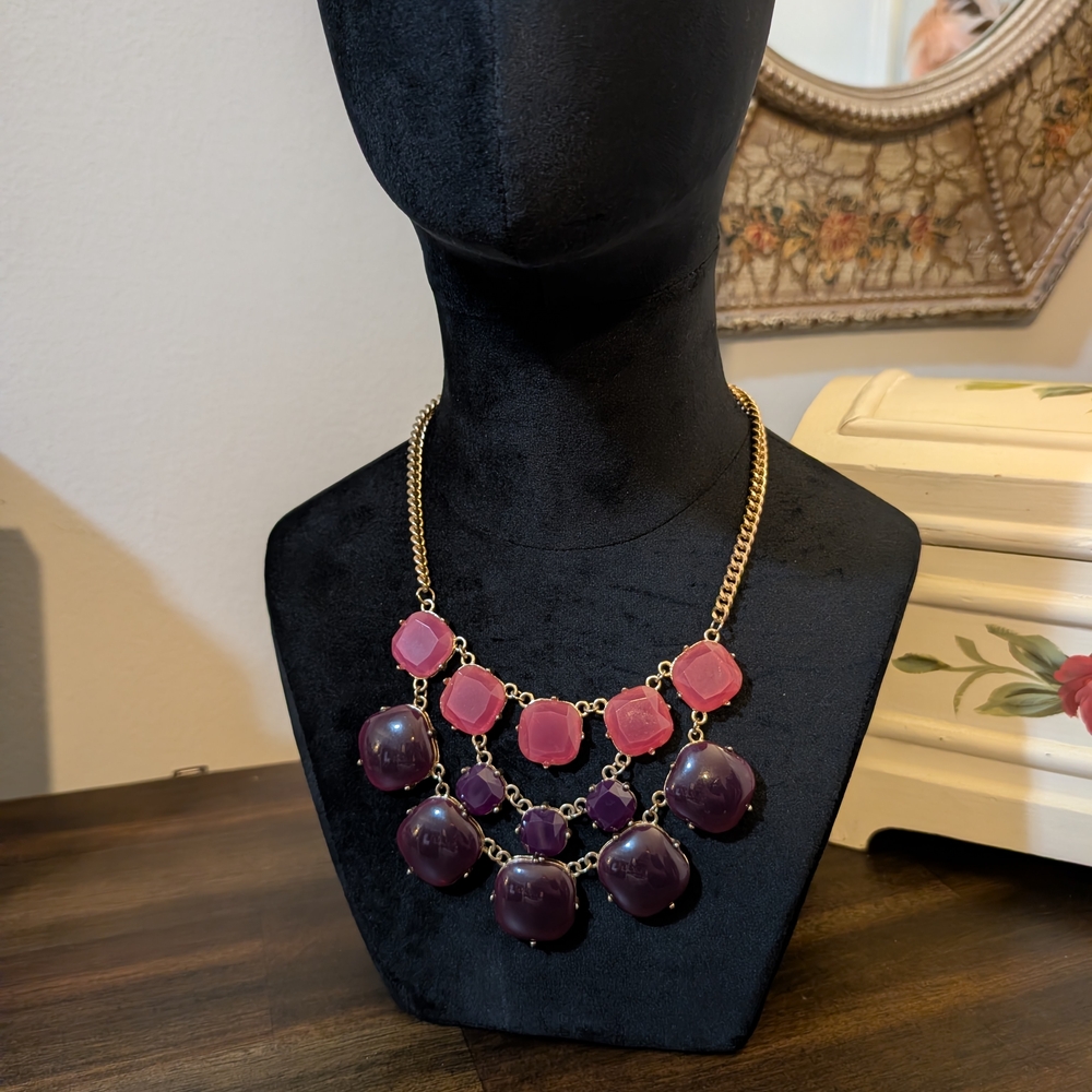 Vintage Goldtone Pink & Plum Statement Necklace